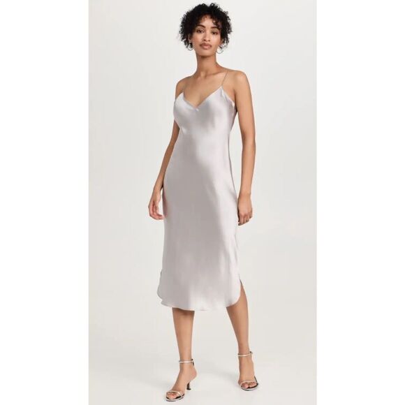 Nili Lotan Short Midi Cami Slip Dress Silk Influencer Storm Grey Silver Size L